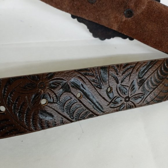 Tooled Leather Belt With Cross Buckle Rhinestone Conchos - Picture 8 of 9